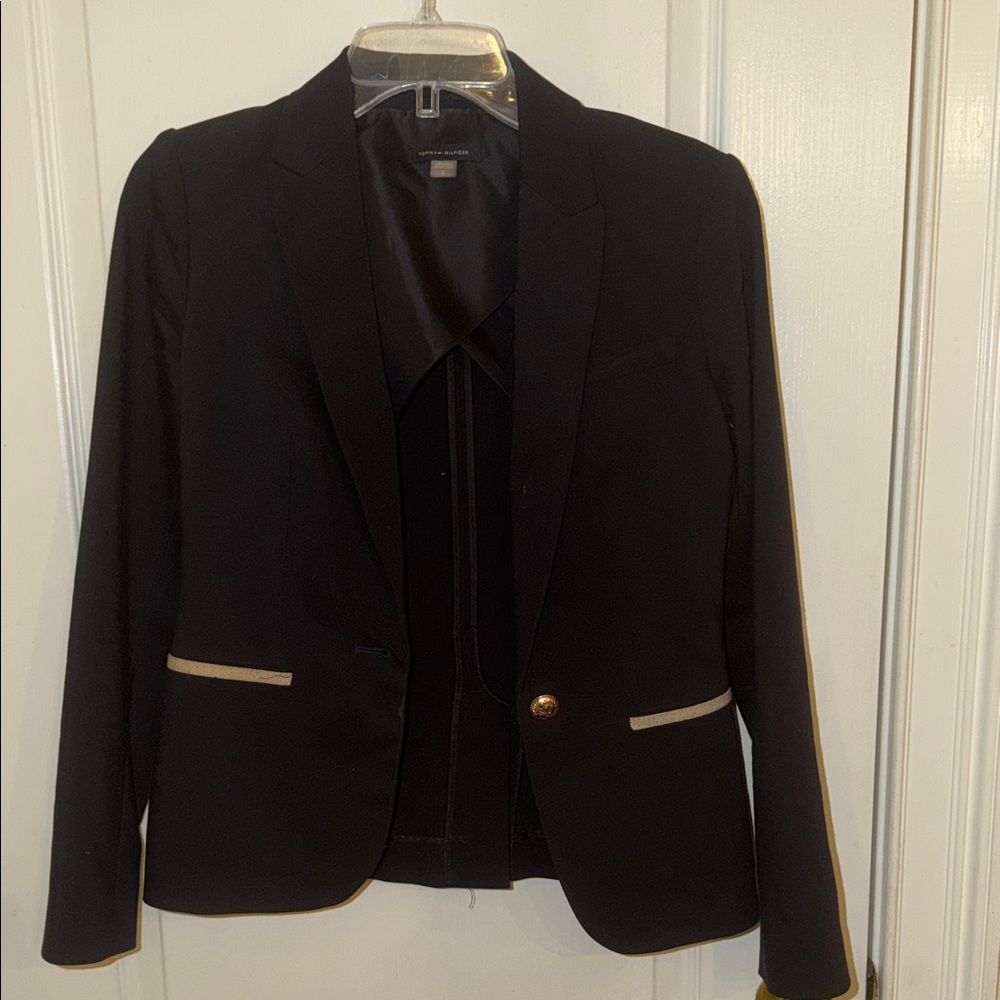 Tommy Hilfiger Dark Navy Blazer with Gold Button Accent and Elbow Patches